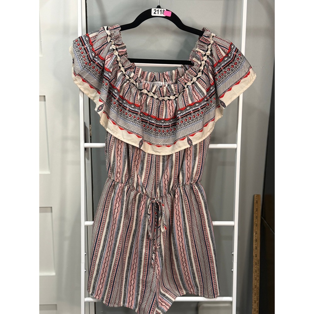 White Birch Geometric Tribal Print Off Shoulder Ruffle Romper Red Blue M Boho